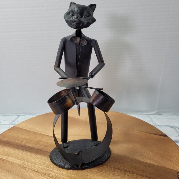 Pier One Imports Metal Jazz Cat Drummer Sculpture Bowtie - Picture 1 of 10